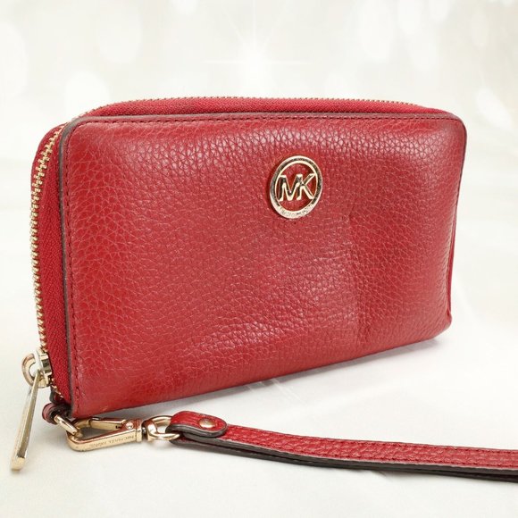 Michael Kors Jet Set Card Phone Wallet Wristlet Medium Red Zip Around - Picture 2 of 7